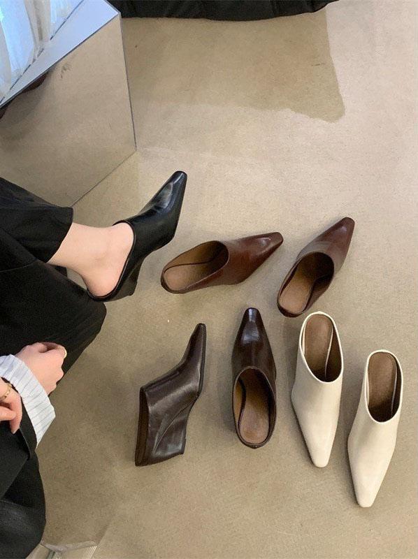 Women's Elegant Leather-Look Wedge Heel Backless Slides - Comfortable Height for Commuting & Formal Occasions