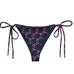 Jelly Blossom Heartline Bikini Bottom Navy with Pink Leaf Print Adjustable Side Ties
