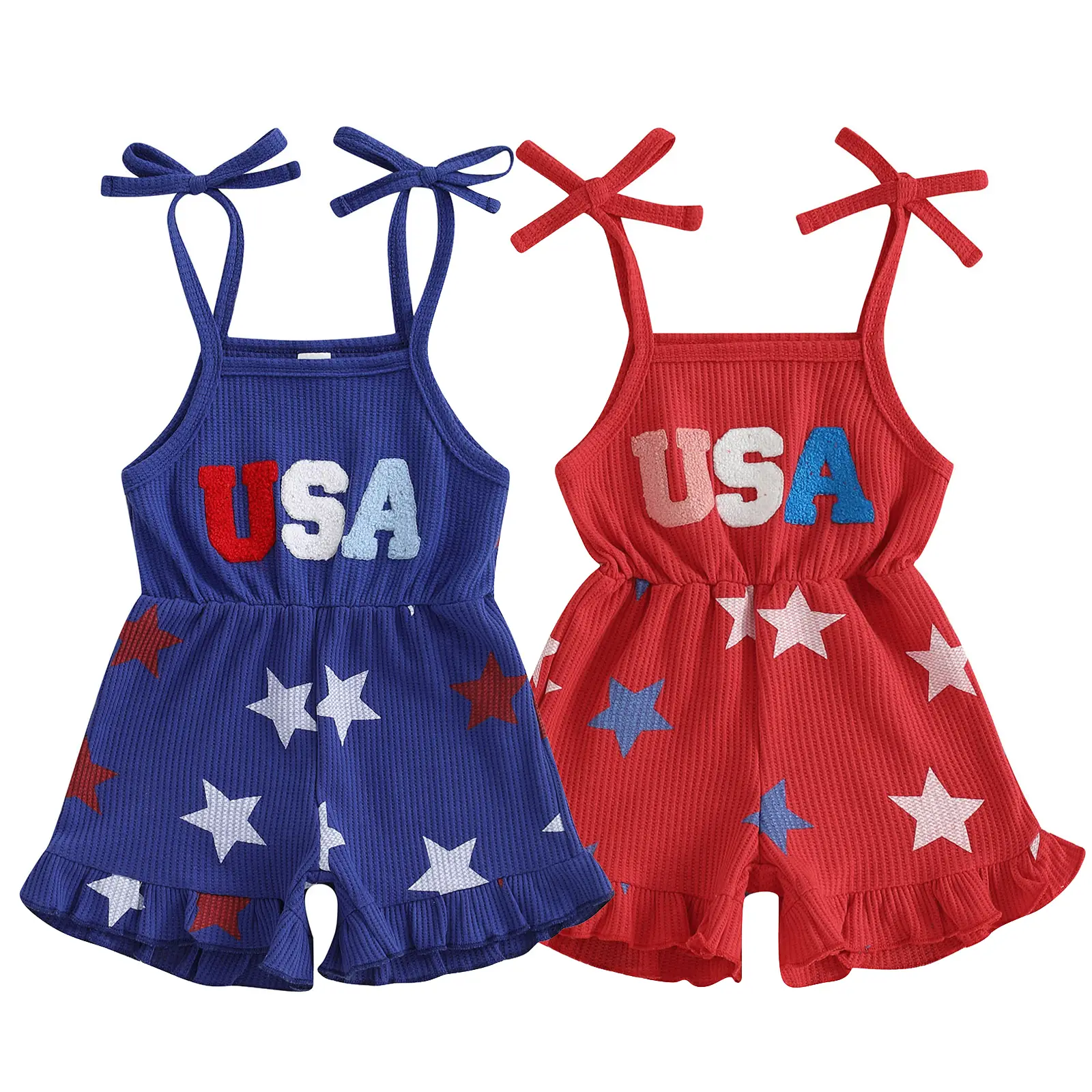 4th of July Toddler Girl Outfit Baby USA Stars Ruffles Romper Shorts Tie-up Spaghetti Strap Sleeveless Jumpsuit Overalls Red White and Blue Outfit