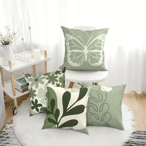 4pcs Bohemian Floral Pillow Covers, Abstract Green Plant Design, Modern Zipper Pillow Cases for Sofa, Bed, Home Decor Machine Washable, Single-Sided Printing, Available in Three Sizes