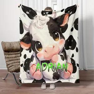 Custom Name Little Cow Flannel Throw Blanket - Personalized Soft Warm Lightweight All-Season Polyester Knitted Throw for Couch, Sofa, Bed, Travel - Animal Pattern Digital Print Cozy Blanket Perfect for Gift
