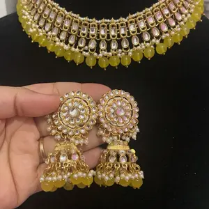 Mustard Yellow Kundan Necklace Set with Choker Style for Women