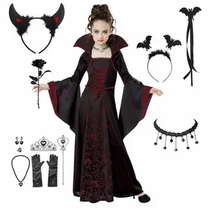 Halloween Costume for Kids Halloween Fantasy Vampire Costume Girls Long Tutu Dress Kids Carnival Outfit Gothic Feather Clothes