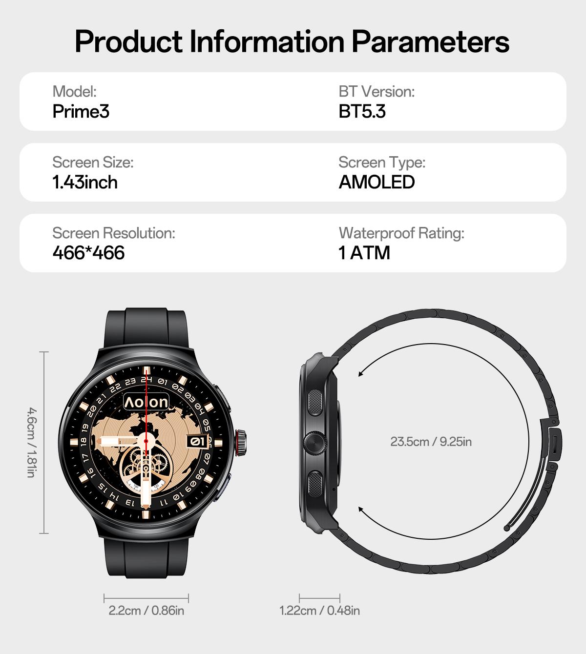Aolon Prime3 Smart Watch Wearable – Featuring a 1.43" AMOLED Touchscreen, Stainless Steel Design, Bluetooth Calling, 100+ Sports Modes, Health Tracking, Waterproof Build, and iOS & Android Compatibility#fathers day gift#outdoor fun