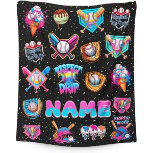 Baseball Drip Sport Blanket for Baseball Lovers Boys Girls, Personalized Blanket Gift with Name for Kids Team Fans,Custom Soft Flannel Blankets Decor Stuff Gifts,Soft Flannel Sofa Bed Cover, Blue, Lightweight All-Season Travel Camping Home Rug