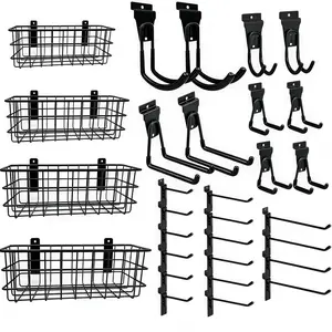 30 PCS Slatwall Hook Accessories Set, 4 Pack Ventilated Metal Wire Slatwall Baskets and 26Pcs Multisized Heavy Duty Slat Wall Hooks for Garage Workshop Room Storage Organization (Black-