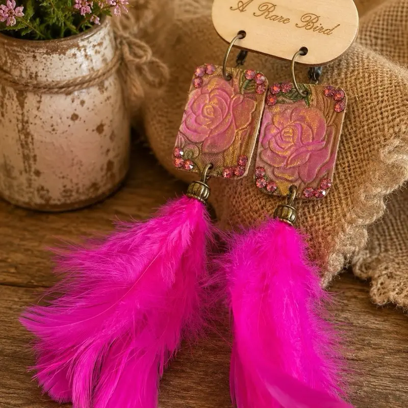 Hot Pink Rose Feather Leather Earrings – Handmade Western Boho Statement Rhinestone
