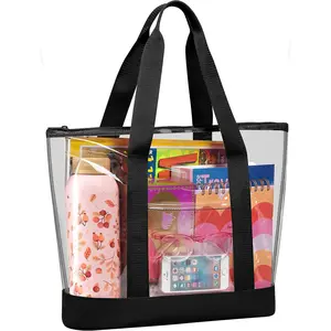 Clear Tote Bag - Zipper Closure, Long  Strap, Fabric Trimming.