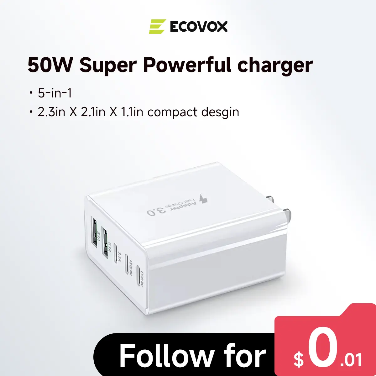 ECOVOX 50W USB-C 5-in-1 Compact Portable PD Wall Charger Plug - Fast-Charging USB Adapters with Accessories for Cellphone, Smartphone, Android, Mobile Devices, Laptops, Tablets, iPhone 17/16/15 Pro (Travel-Friendly)