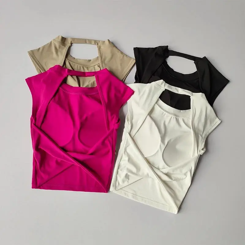 Women Backless Workout Top with Built-in Bra Slim Fit Yoga Shirt Open Back Gym Top Breathable Mesh Fitness Top