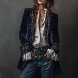 Women’s Velvet Blazer, Embroidered Vintage Light Luxury Slim Fit Commuter Banquet Suit