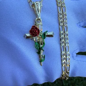 Cross Pendant with Red Rose Charm on Figaro Chain Necklace for Men Women Elegant Jewelry Gift