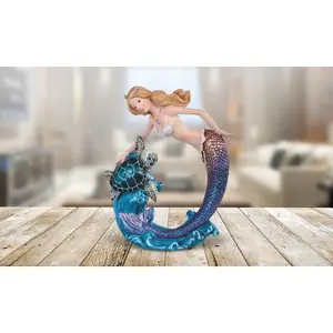 8"H Sea Turtle with Purple Mermaid Statue Fantasy Decoration Figurine