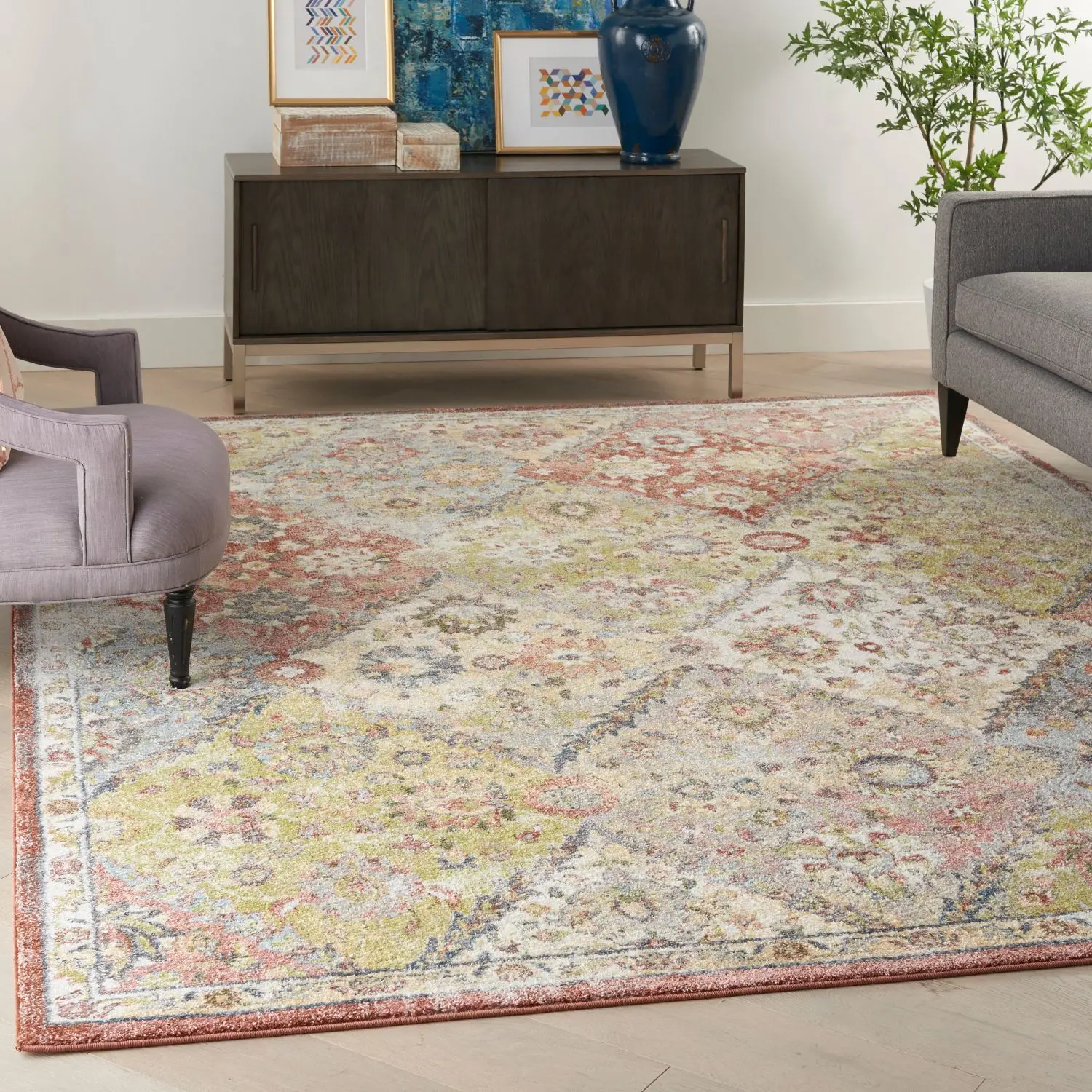 Nourison Juniper Vintage Terracotta Multicolor Flower Pattern Cottage Area Rug - Decorative Cozy Indoor Textile Rug, Decorative Rug