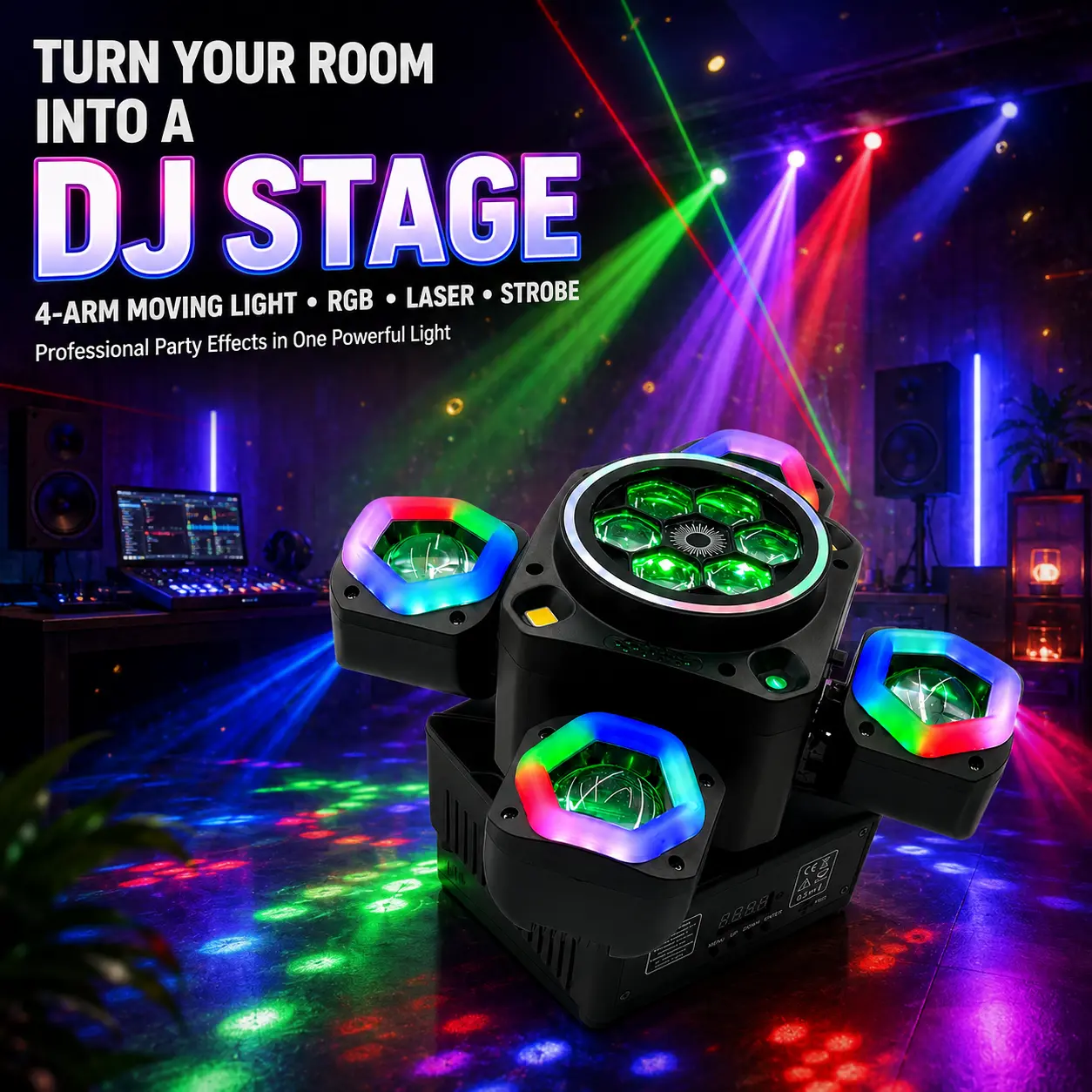 150W 4-Arm Bee-Eye Moving Head DJ disco novelty ball Stage Light    with Remote Control, RGBW color Beams, Red & Green Lasers,  DMX512 and Sound Activated auto Modes for Parties, Weddings, Clubs, Bars, KTV Shows flashback event