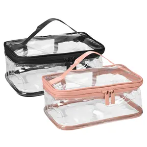CHEIBEAR 2pcs Clear Makeup Bags, Transparent Toiletry Bag, Waterproof Cosmetic Bags for Travel, Clear Zipper Makeup Pouch, Clear Portable Toiletry Bags for Women Black Pink
