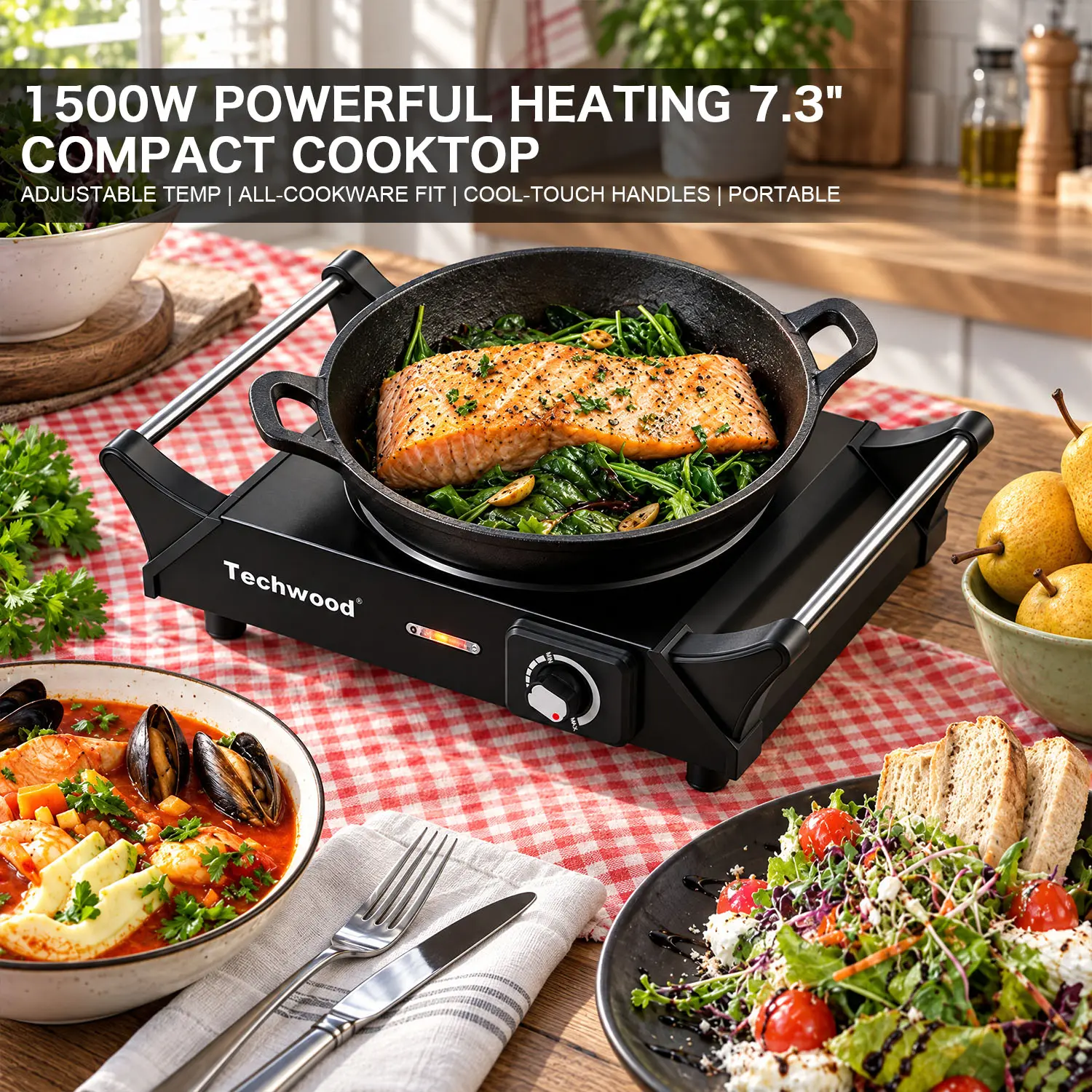 Techwood 1500W Portable Electric Hot Plate, 7.3" Countertop Burner with Adjustable Temperature Control, Cool-Touch Handles, All-Cookware Compatible, Compact Stove for Kitchen, Dorm & Camping