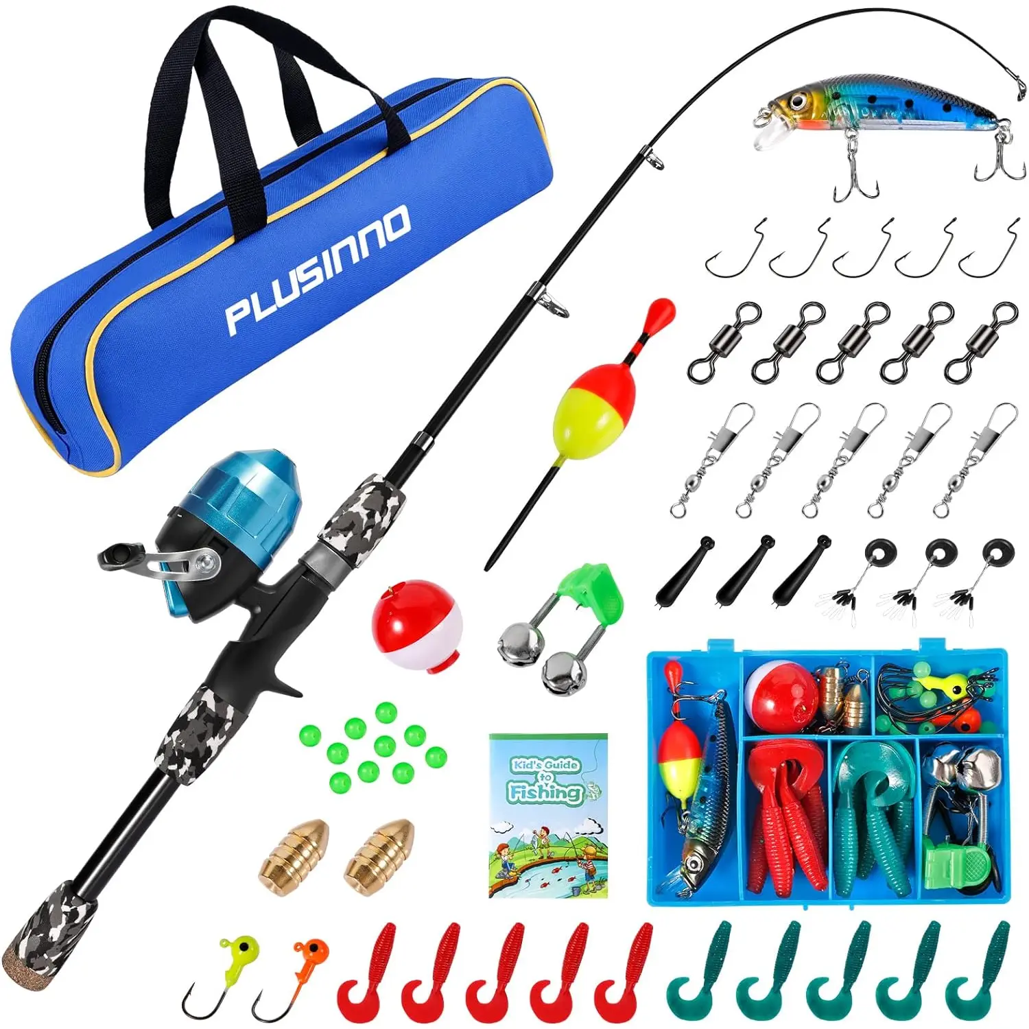 PLUSINNO Kids Fishing Pole with Spincast Reel Telescopic Fishing Rod Combo Full Kits for Boys, Girls, and Adults PLUSINNO