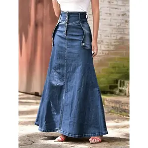 Women's solid color button fly denim skirt, street fashion casual comfortable long skirt, suitable for daily outdoor wear, spring and summer women's underwear, women's clothingRAIMENTRY