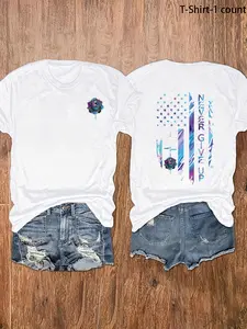 Women's Floral & American Flag Print Round Neck Tee, Vintage Trendy Casual Everyday Short Sleeve T-shirt for Daily Wear, Ladies Summer Clothes, Womenswear