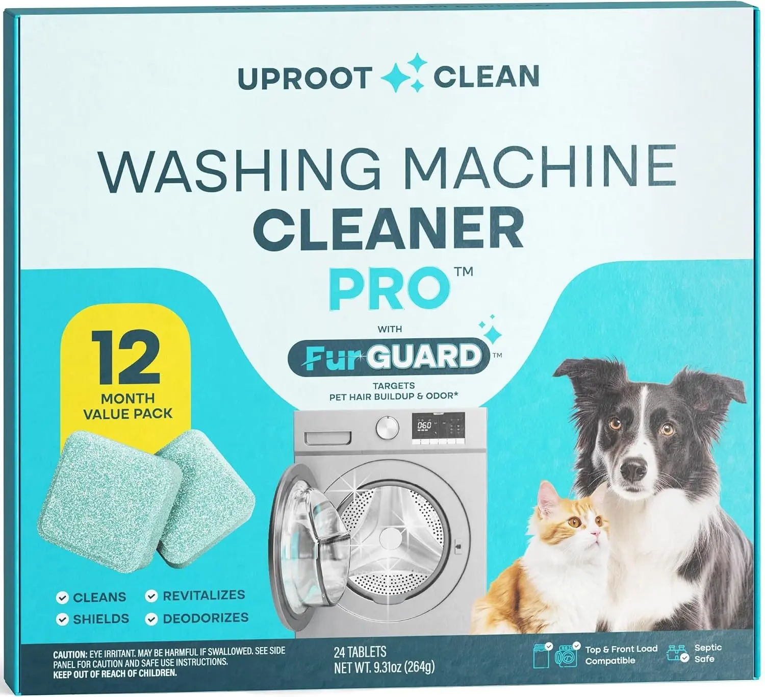 Uproot Clean Washing Machine Cleaning Tablets for Pet Owners, 24 Pack | HE/Top/Front Load Compatible, 12 Month Supply, Easily Removes Residue, Grime, and Odors, Formulated for Pet Owners