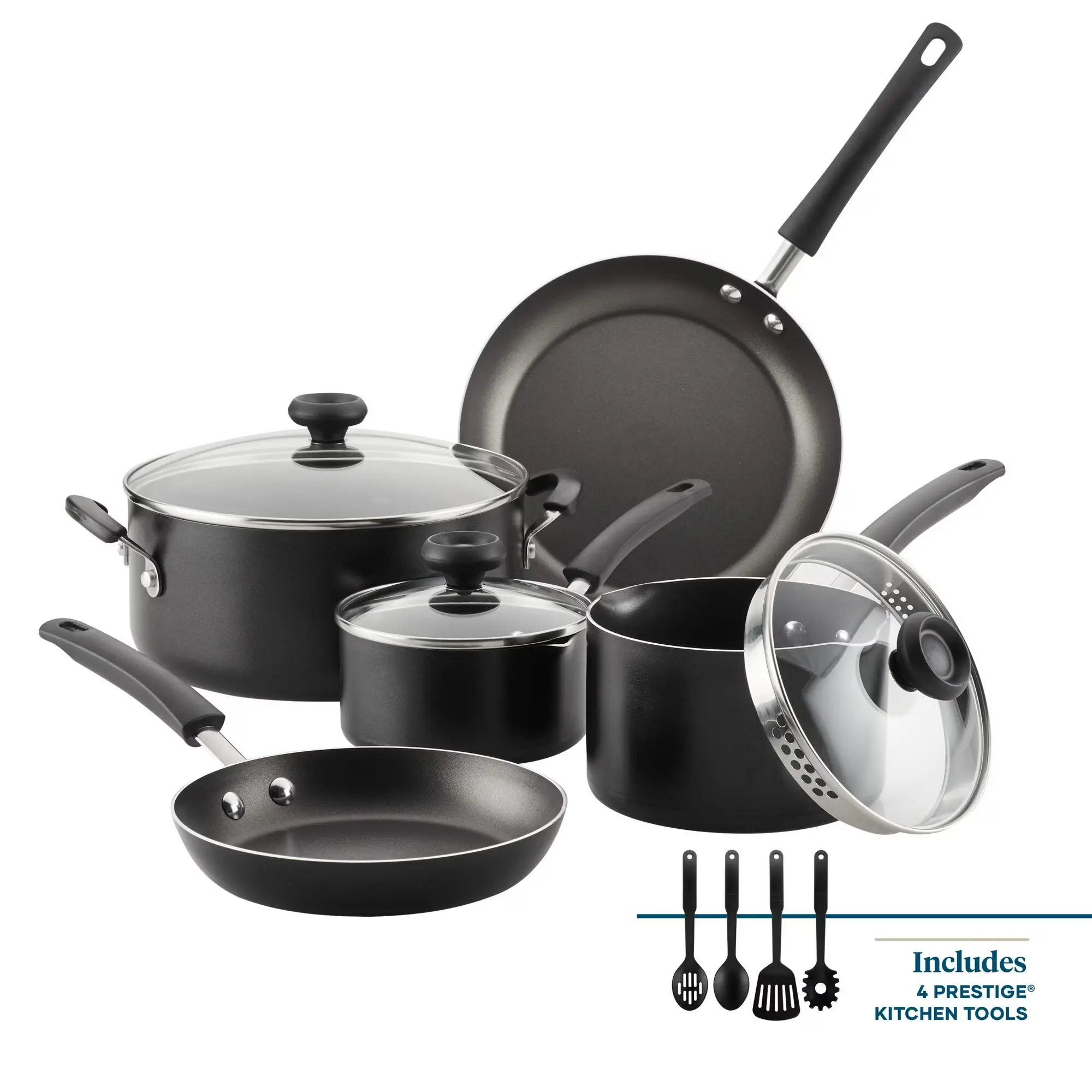 Farberware 12-Piece Nonstick Aluminium Cookware Set with Cooking Tools, Easy Clean, Dishwasher Safe, Heat-Resistant Handles, Black