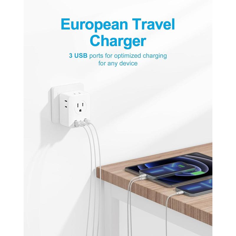 SQ-APT016 European Travel Plug Adapter,  Foldable International Power Adapter with 4 Outlets 3 USB Ports, Type C Plug Adapter for US to Europe, Italy Spain Iceland France Germany