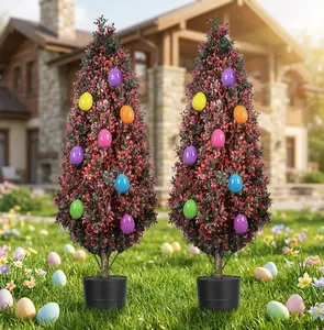 3 FT Easter Outdoor Artificial Topiary Boxwood with Pots, Spikes, Colorful Eggs, UV Resistant Fake Plants Trees Decorations, Faux Evergreen Shrubs for Indoor Home & Porch Spring Decor-2 Pack