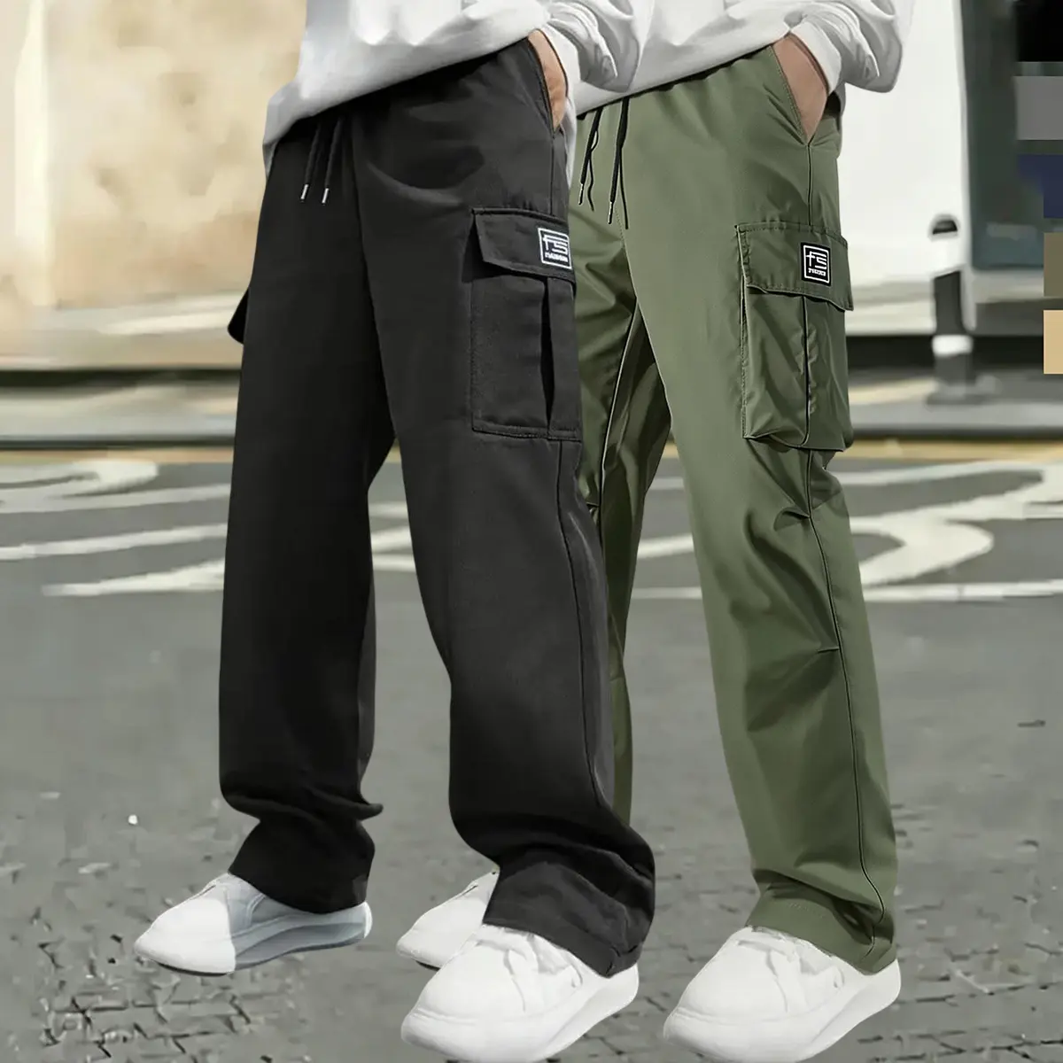 Baggy Plain Cargo Pants for Men, Breathable Relaxed Fit Straight Leg Streetwear with Multiple Pockets and Drawstring Waist, S
