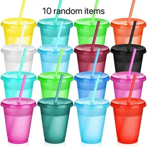 Reusable Colorful Plastic Cups 16oz BPA Free with Lids and Straws, Party Drinks and Smoothies, Random Colors, Set of 10, Drinkware