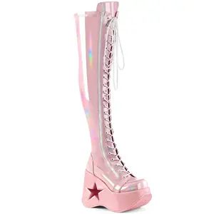 Demonia Women's Dynamite-300 Baby Pink Stretch Holo Knee-high Platform Boots