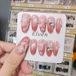 Pink Floral Handmade Press On Nails With Rhinestone And Pearls