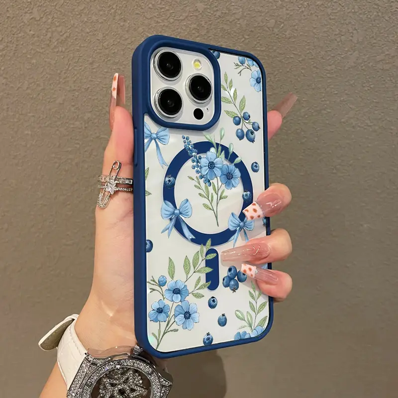 Trendy Magnetic Case for iPhone11/12/13/14/15/16/17/promax Blueberry Bow Bouquet MagSafe Ready, Ultra Thin & Shockproof | Cute Pick for Girls