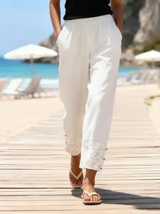 High Waist White Pants Casual Chic Trousers Women Elastic Waist Lace Trim Hem Breathable Lightweight Summer Vacation Beach Outfit Elegant Style Womenswear