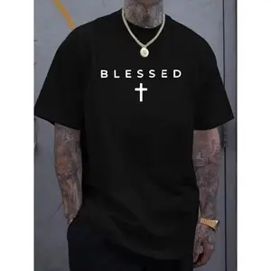 Men'S "Blessed" Cross Print T-Shirt - Casual Crew Neck, Short Sleeve, Lightweight Polyester, Summer