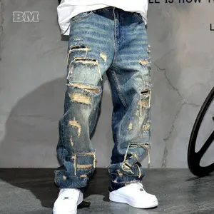 Men's pleated loose jeans, tattered streetwear, skateboarding pants, straight leg patches, urban fashion workwear, men's Asian sports and outdoor wear