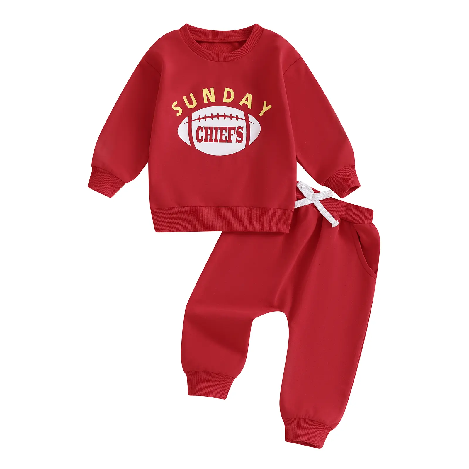 Baby Boy Girl Football Outfit Long Sleeve Sunday Football/Chiefs Round Neck Sweatshirt Pants Set Toddler Spring Fall Clothes