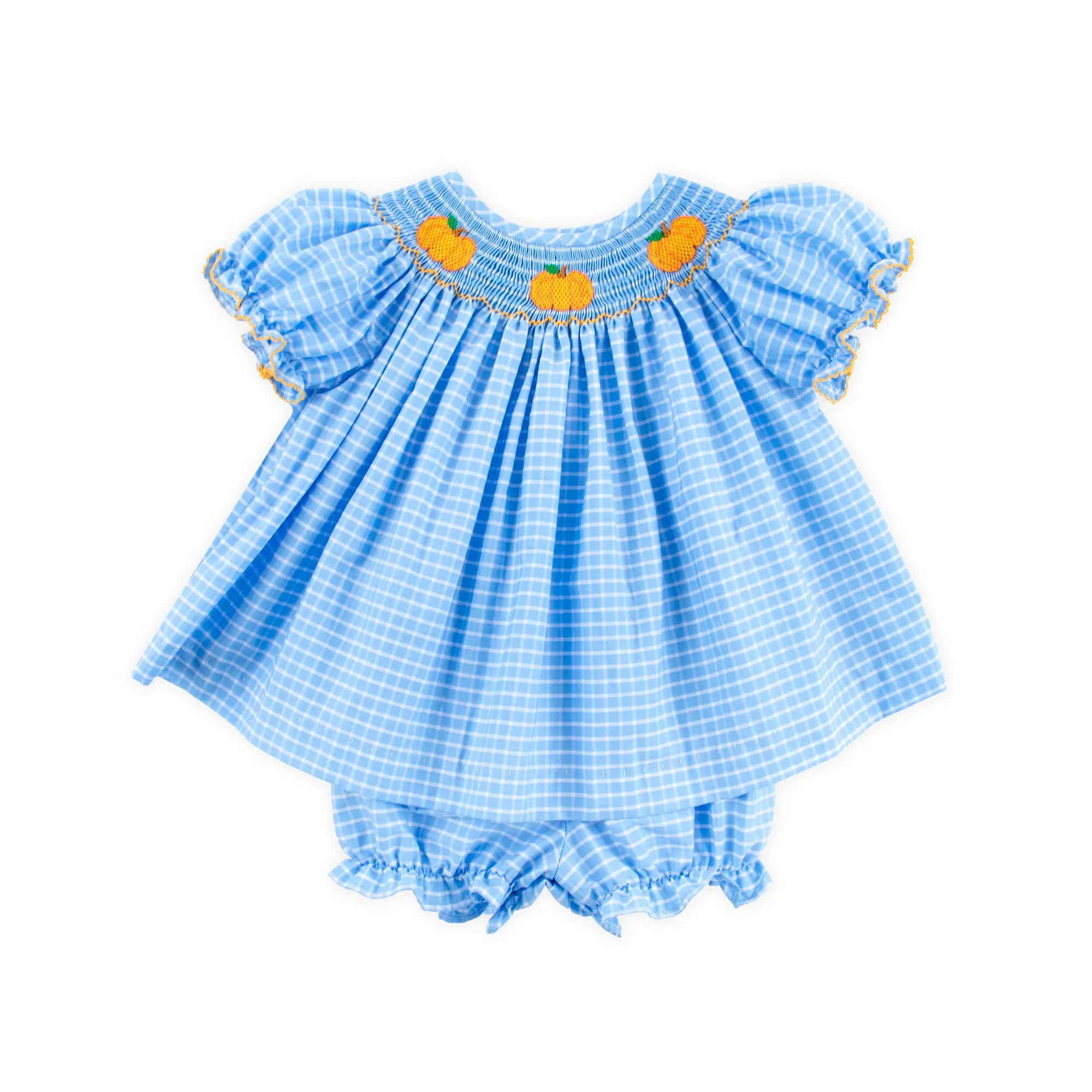 Pumpkin Trio Smocked French Blue Windowpane Bishop Bloomer Set - Girls Elegant Hand-Smocked Two-Piece Outfit