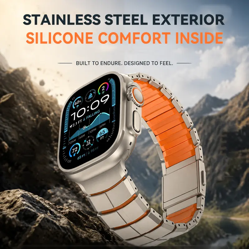 Vmylan Magnetic Stainless Steel & Silicone Band Compatible with Apple Watch Ultra 3/2/1 49mm 45mm 44mm 46mm 42mm, Hybrid Tactical Armor Strap, Quick-Release Heavy Duty Metal Wristband for Men Wearable Accessories Smartwatch Compatible Bands