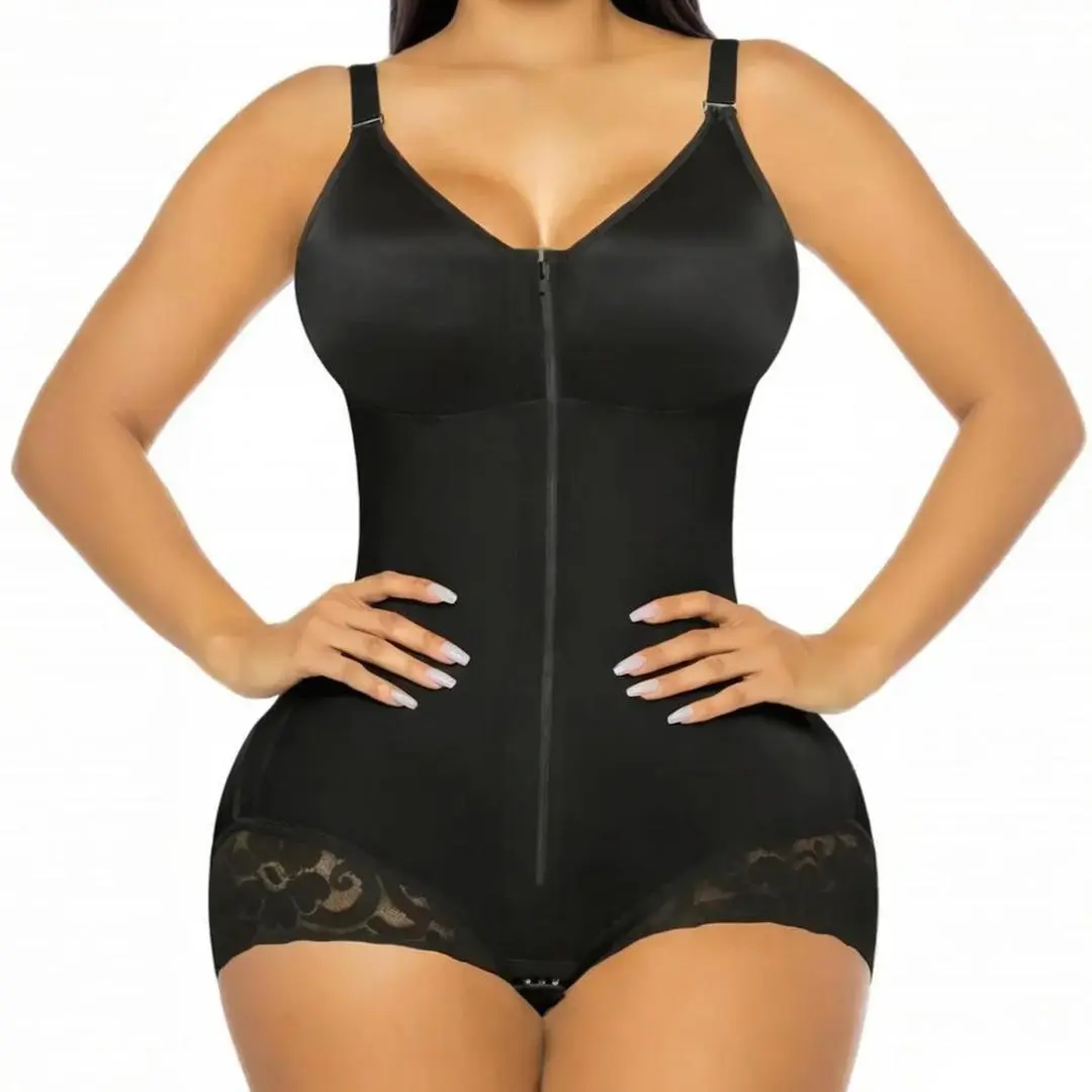 Women's Colombian Nylon Blend Fajas Shapewear Bodysuit - Overbust, Front Zipper, Adjustable Straps, Lace Brief, Tummy Control, Foldable V-Neck Underwear for Wedding, Christmas Events, Adjustable Strap