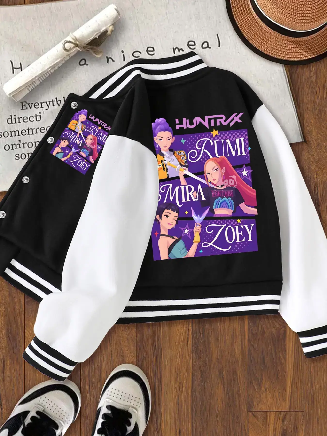 Anime Hunter Girl Short Baseball Collar Jacket - Anime Character, Elastic Fabric, Tailored Fit, Casual Sports School Uniform Outerwear for Girls' Fall Winter Halloween, Anime Character Jackets, Elastic Fabric Jackets