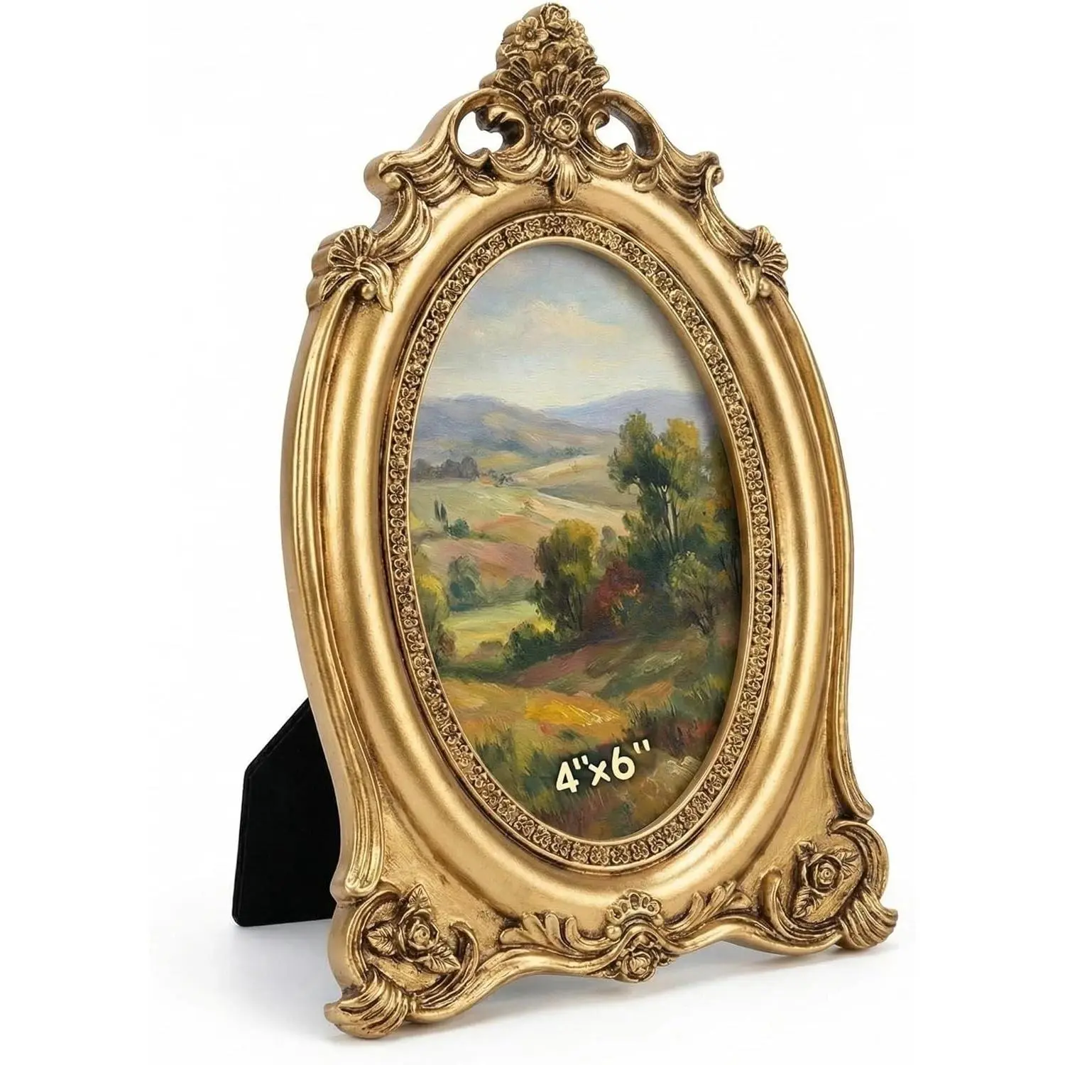 Gold Oval Picture Frame, 4x6 Vintage Ornate Resin Photo Frame, Antique Decorative Oval Picture Frame for Tabletop or Wall Hanging, Home Decor Frame for Wedding Photo, Family Portrait, Gift Frame
