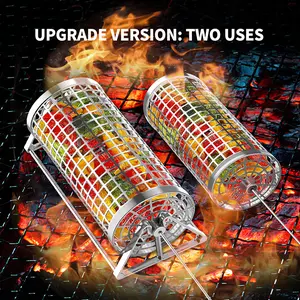 Upgrade Version Two Uses Stainless Steel Wire Portable Barbecue Net Rolling BBQ Grill with Lid for Outdoor Cooking Modern Simple Design