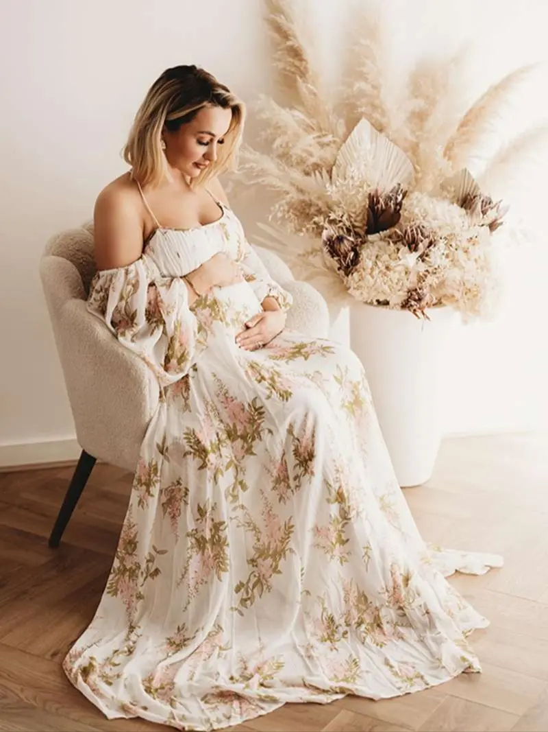 Elegant Floral Cut-Out Shoulderless Backless Dress, Long Sleeve Baby Party Gown, Maternity Vacation Style, Flowy Maxi Dress, Vintage Maternity Clothing