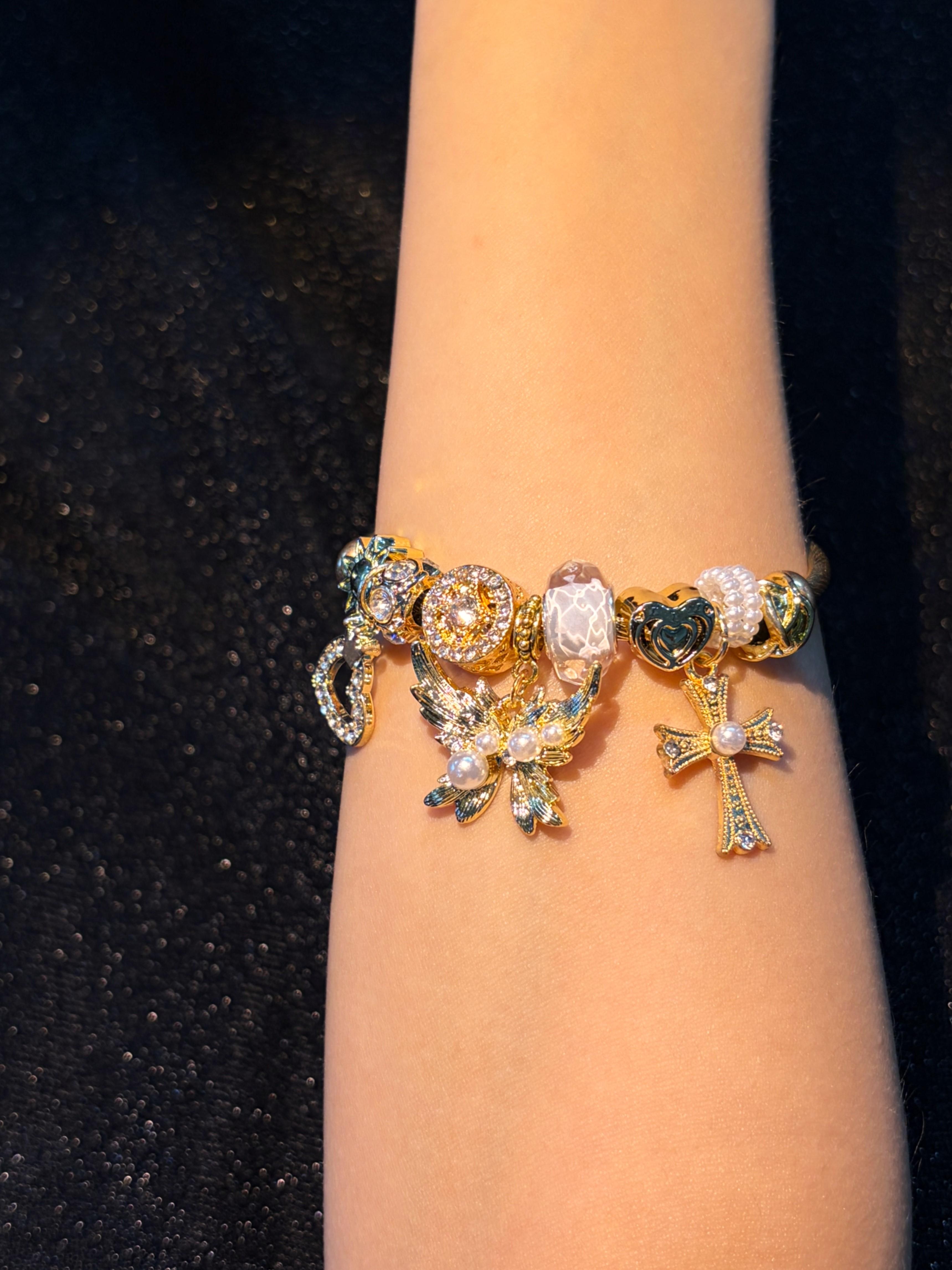 Women’s open cuff bracelet with wing cross design, pearls and crystals, vintage gift jewelry