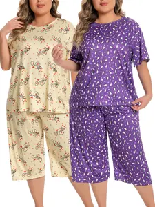 Plus Size 1XL-5XL Women's 2-sets Pajama Set Short-Sleeve Top Capri Pants Loungewear Soft Breathable Fabric