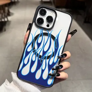 1PC Magnetic Case with Stylish Blue Flame Artistic Design, suitable for iPhone 17 16 15 14 13 12 11 PRO MAX PLUS, AIR and iPhone X XS MAX series, Samsung Galaxy S25 S24 S23 S22 ULTRA FE and PLUS, transparent back panel,scratch-resistant and wear-resistant
