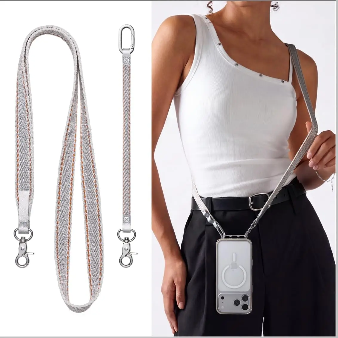 CASEKOO 2026 New Linkoo Series 2-in-1 Portable Phone Lanyard - Crossbody/Wrist, Quick-Release Clip, Polyester Mix, Lanyard for Keys, Phone Straps & Charms (Silver, Black, Purple)
