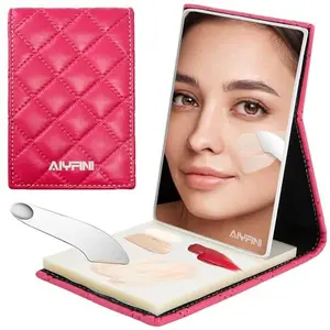 Professional makeup palette mirror for women, Alyfini Pink compact mirror, travel set, 1 Foldable Mirror with 1 stainless steel and 100 Disposable Mixing foundation Sheets, cosmetic mirror. easy to handheld.