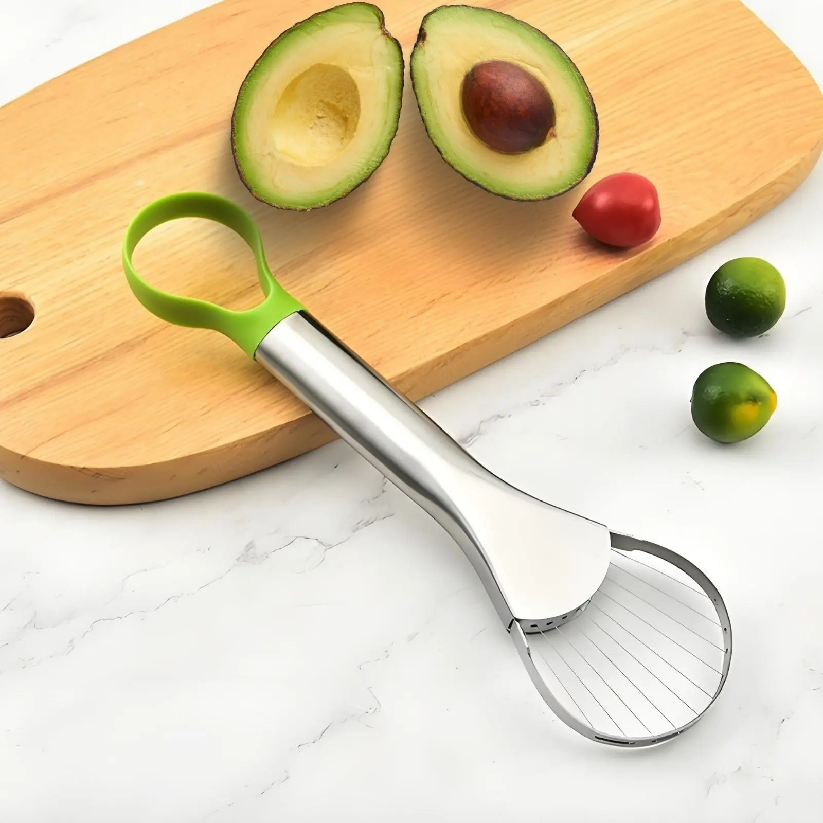 2-In-1 Avocado Slicer & Pitter, Stainless Steel Kitchen Tool, Wire End for Scooping, Loop End for Pit Removal, Dishwasher Safe